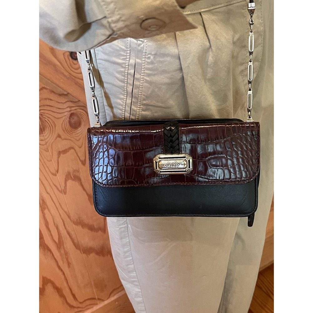 Vintage Brighton Croc Embossed Leather Organizer Crossbody Clutch Bag